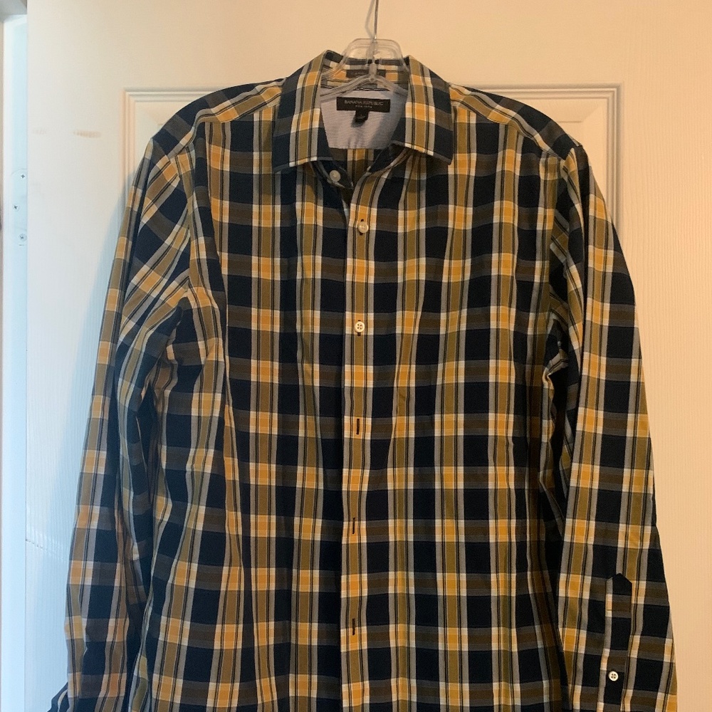 Banana Republic Men’s Camden Fit Plaid Gold-Blue Button Up, Large, Like New